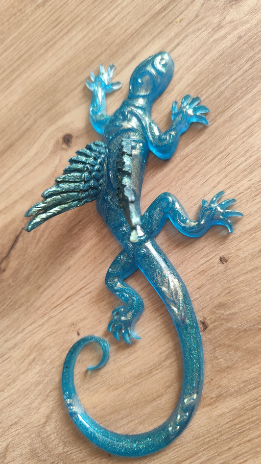 Ange Gecko bleu ciel et fines paillettes or